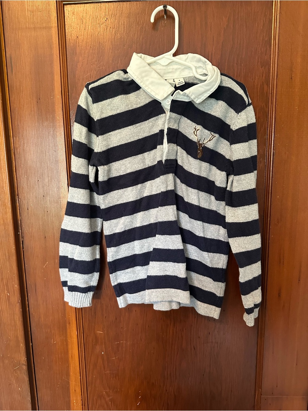 Janie and Jack Navy and Gray Striped Polo Sweater with Deer Embroidery